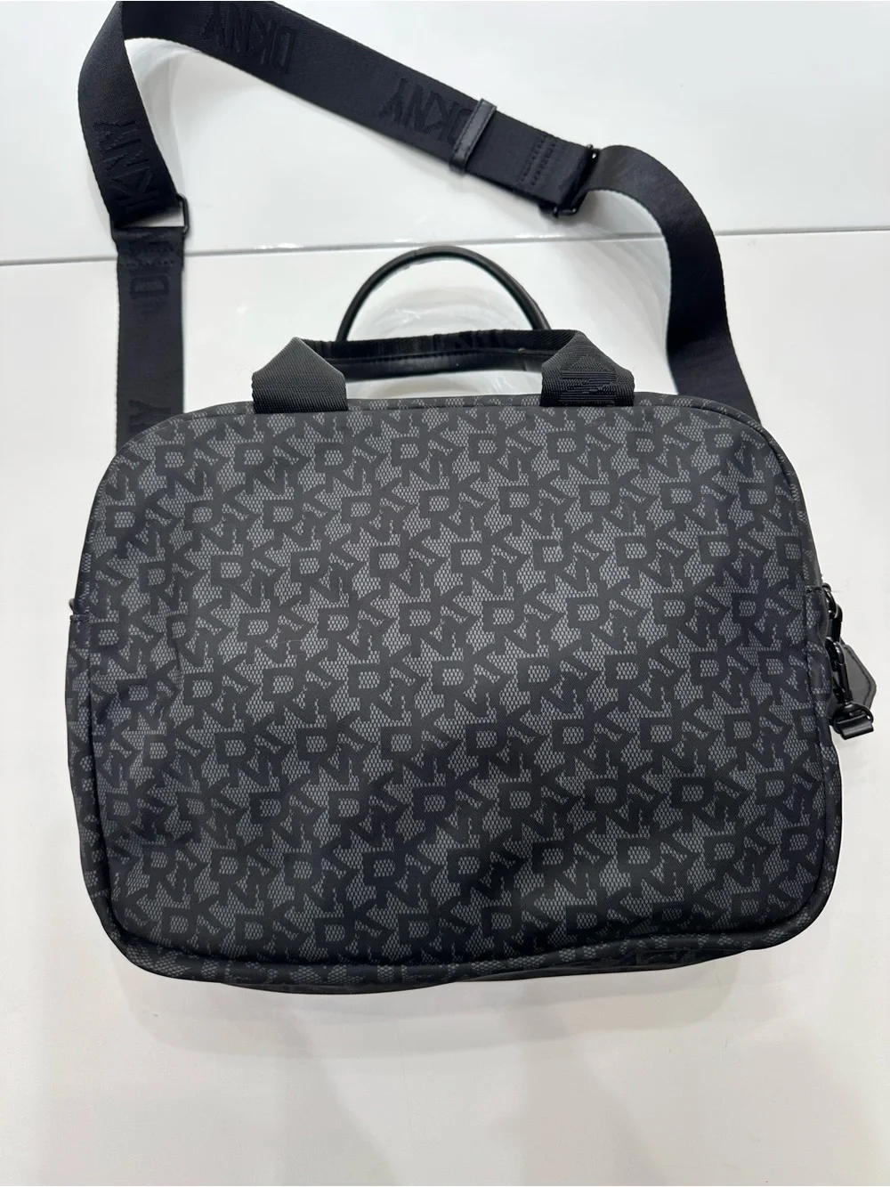 DKNY Damian Satchel Black Grey Monogram Crossbody Bag Utility Tote EUC